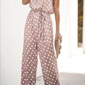 CUPSHE Kimora Sleeveless Ruching Tie Polka Dot Jumpsuit